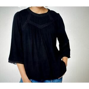 Logo Lavish Womens Top‎ Medium Black Pleated Crochet Trim Keyhole Back Closure